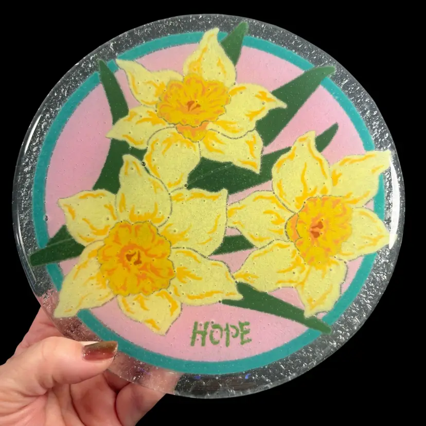 Yellow Flowers Hope Fused Glass Plate | 7.75”