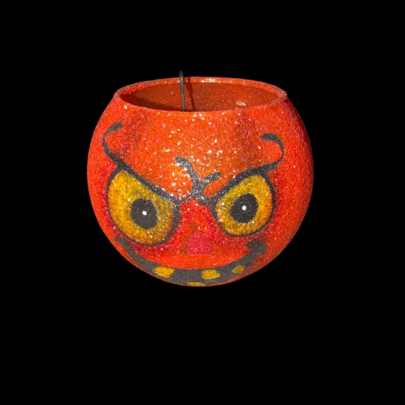 Dept 56 Glitterville Halloween Jack O Lantern Glass Votive Candle Holder - Grumpy Face