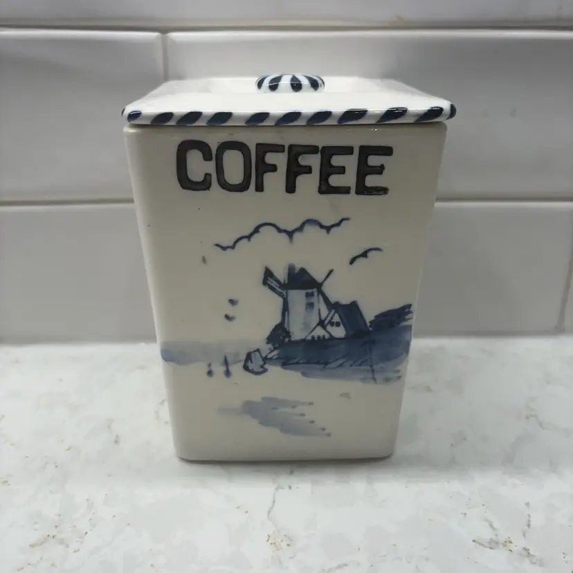 Vtg Delft Blue & White Coffee Canister with Lid - Dutch Windmill Hand Painted