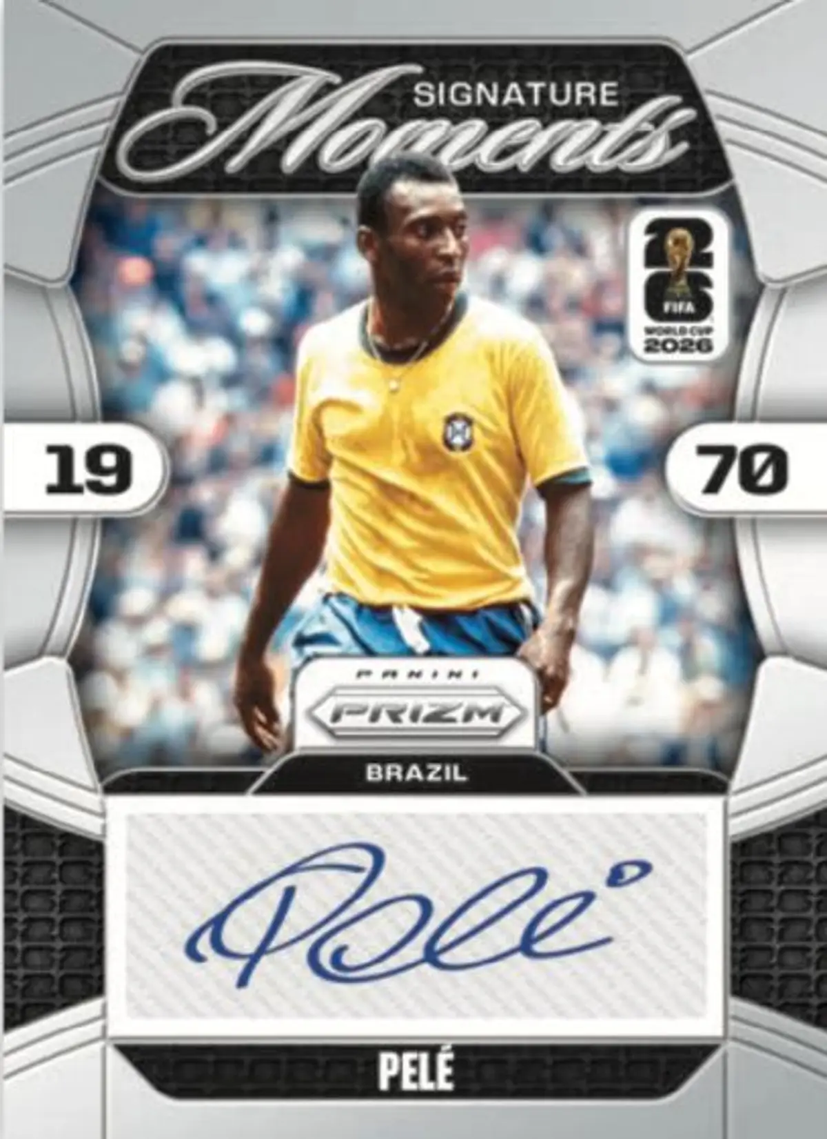 Pelé autograph card from 2026 Panini Prizm FIFA World Cup featuring the legendary Brazilian striker in a yellow Brazil kit with his signature across the bottom