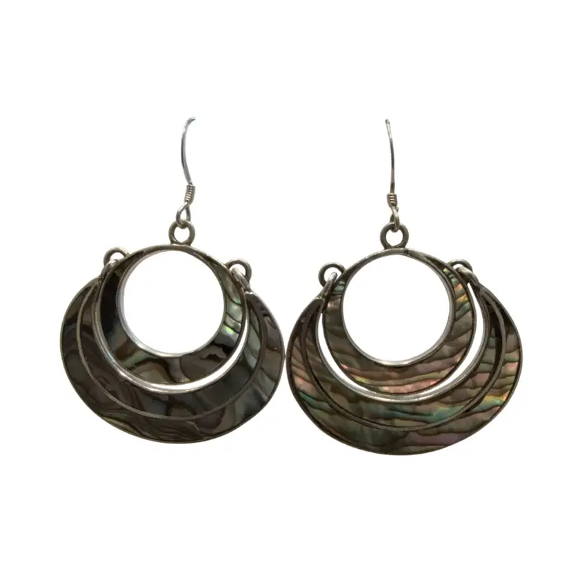 Vintage MCM Sterling Silver Mexican Modernist Abalone Concentric Circle Dangle Earrings 1.50”