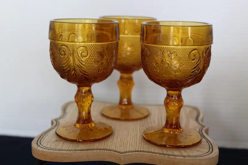 Vintage Tiara Indiana Glass  Amber Sandwich GLASS (3) CORDIAL GLASSES 4 1/8"
