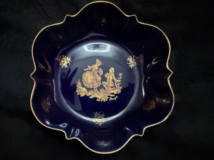 authentic vintage Limoges cobalt blue and gold porcelain trinket dish