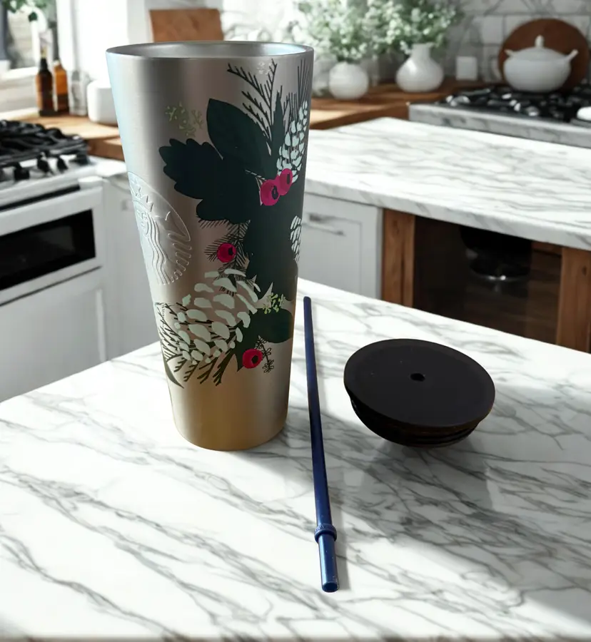 Starbucks Holiday Cold Cup Tumbler 24 oz Gold Pinecone Berry Design Reusable Coffee Cup with Straw Christmas Winter Drinkware