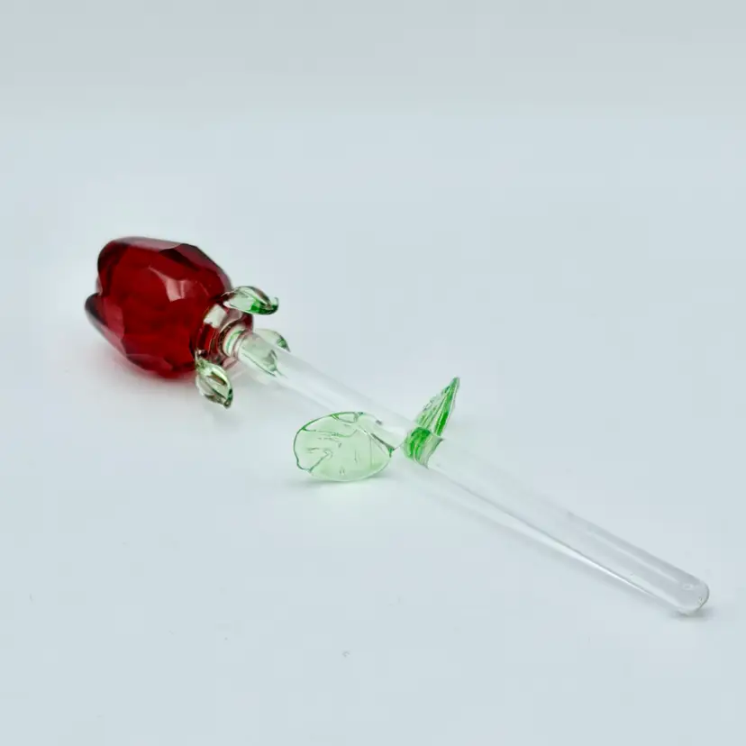 Red Rose Glass Eternity Flower With Green Leaves 5” Stem