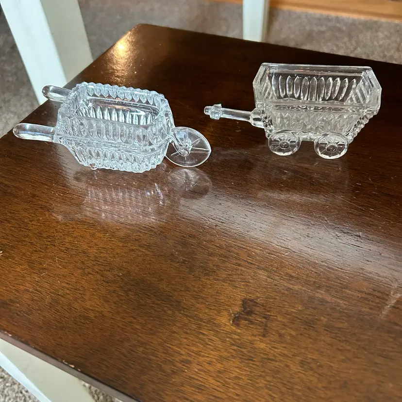 Lot Of 2 Clear Glass Wheel Barrels
