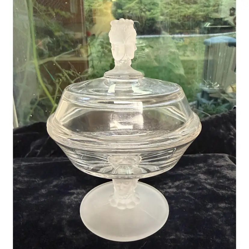 Vintage 8" Three Faces Duncan Miller Compote & Lid - EAGP Reissued 1950s - 2 Small Flea Bites In Lid