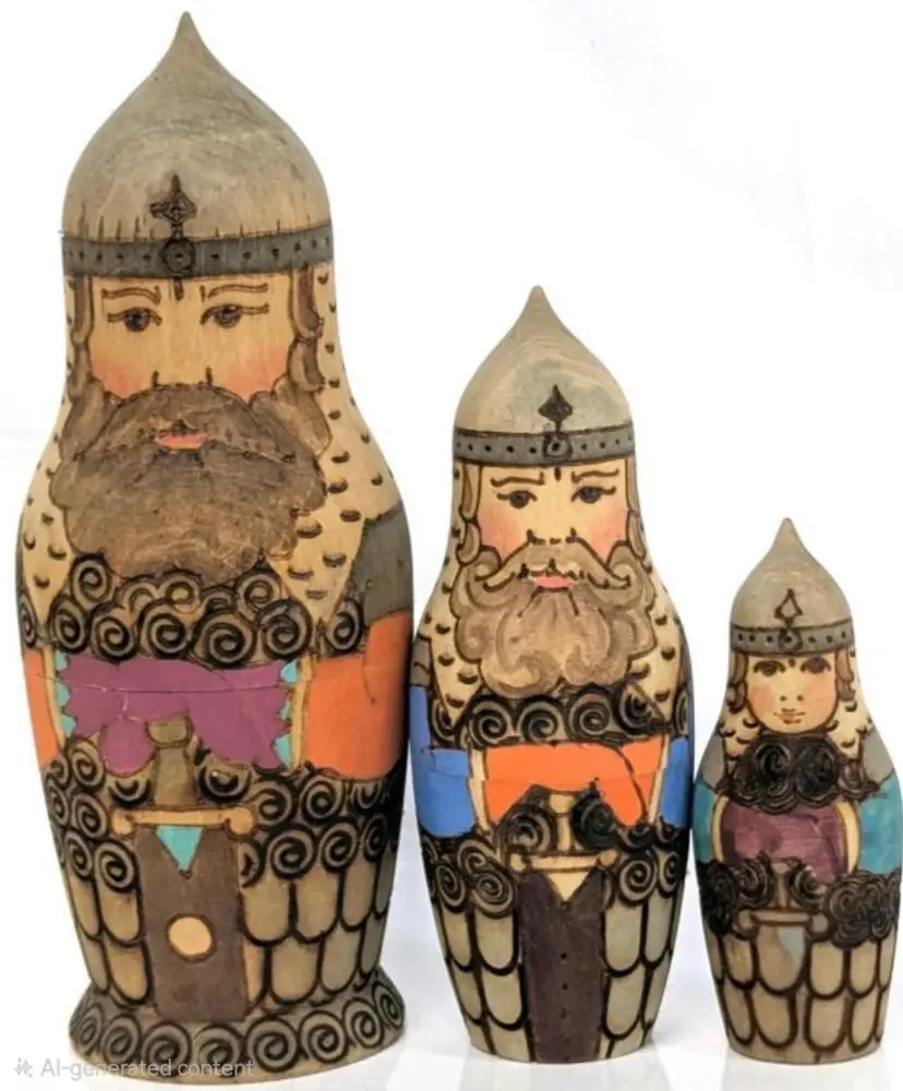 RARE Vintage Russian Handpainted & Pyrography Warrior Matryoshka Nesting Dolls 3 Piece Set, Bogatyr Soldiers, Unusual Shape, Up To 7.2" Tall