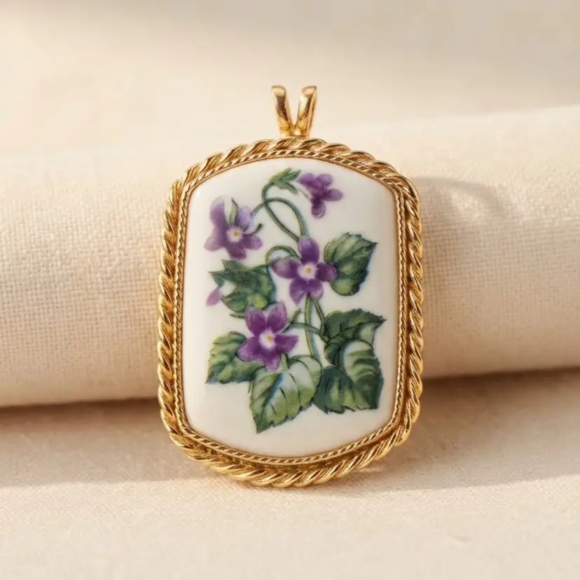 Vintage Signed AVON Gold-Tone Purple Violets Porcelain / Ceramic Floral Pendant