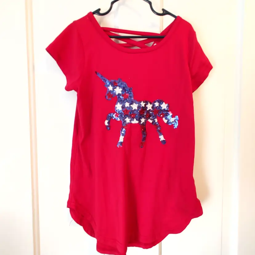 Kids- Brand: Poof Girl. Size Small. Patriotic unicorn shirt. Material- 60% cotton, 35% polyester, 5% spandex. No callouts.