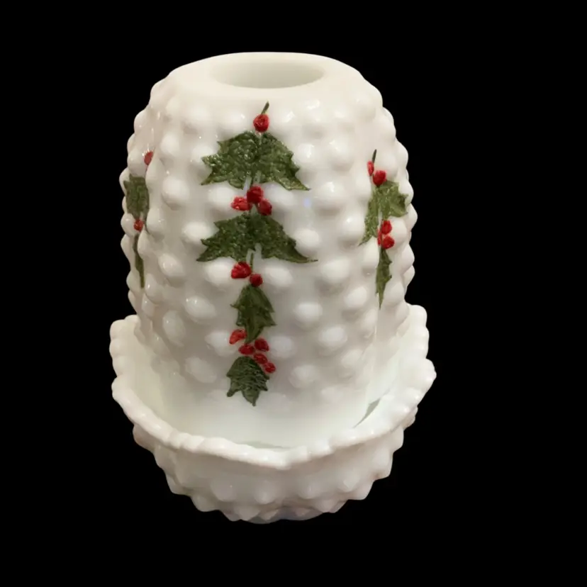Fenton 2-piece Milk Glass “Holly” Hobnail Fairy Light HP By Betty Cain 4.75” x 3”