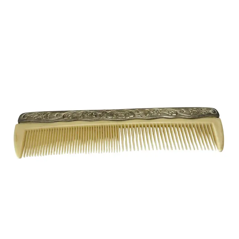 Vintage Art Nouveau Hair Comb Ornate Embossed Silver Plated Handle With Celluloid Teeth 7” Long