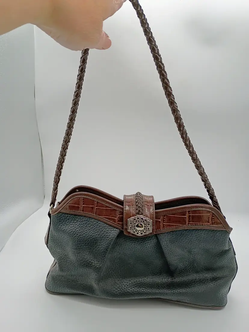 Vintage Elka Shoulder Bag Black Pebbled Vegan Leather & Faux Crocodile & silver tone metal accents.