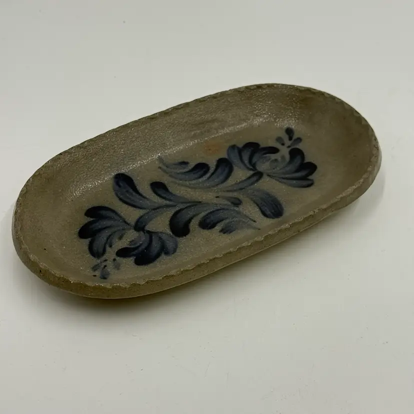 Rowe Pottery WI 1994 Salt Glazed Blue Floral Stoneware Oval Relish Tray Dish