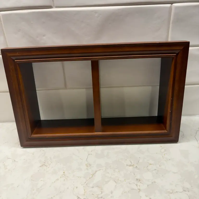 Vtg Small Wood Shadow Box Shelf 2 Compartment Wall Display Cubby Walnut 10.5