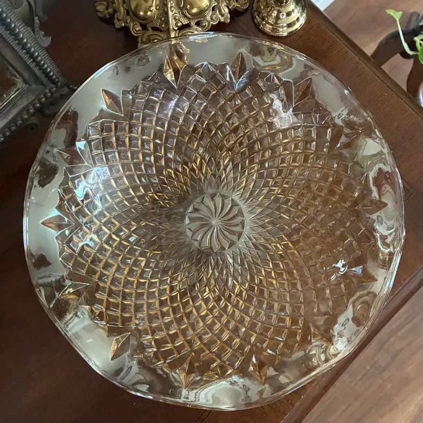 🐇Vintage Indiana Glass Iridescent Marigold Carnival Glass Ruffled Diamond Point Bowl