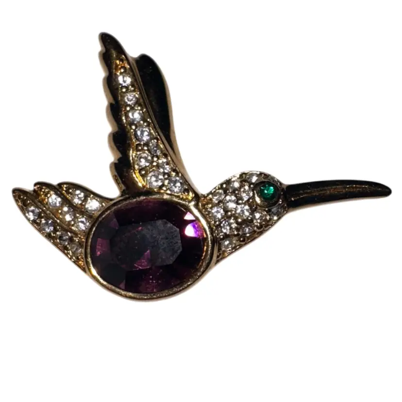 Gold Tone Rhinestone Hummingbird Brooch Pin Purple Jelly Belly Stone