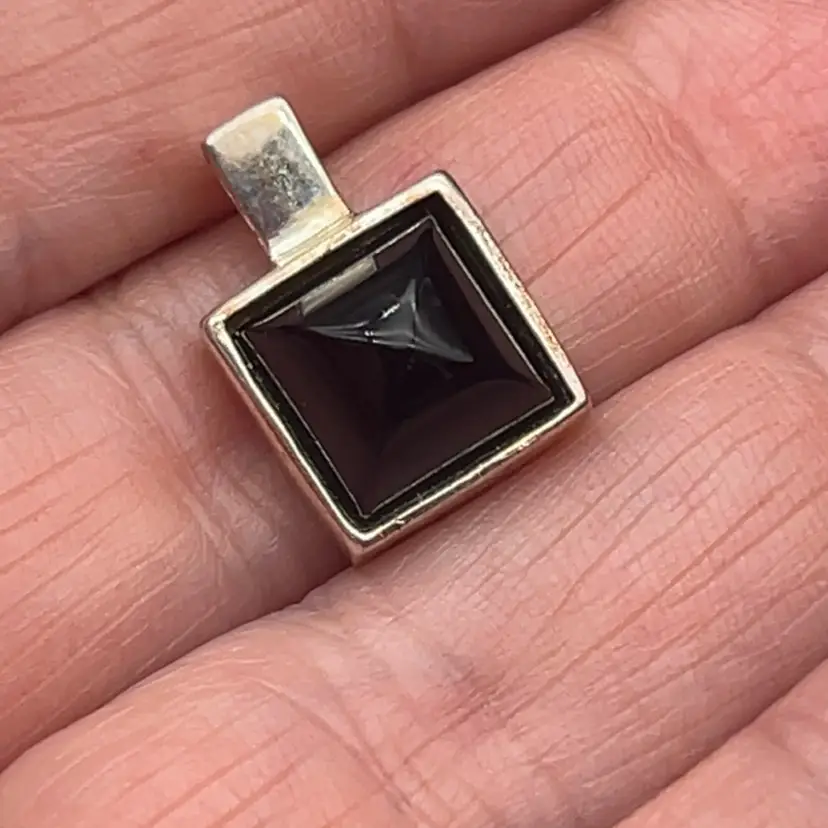 Sterling Silver 925 Black Gemstone Pendant Geometric Square Cut ¾”