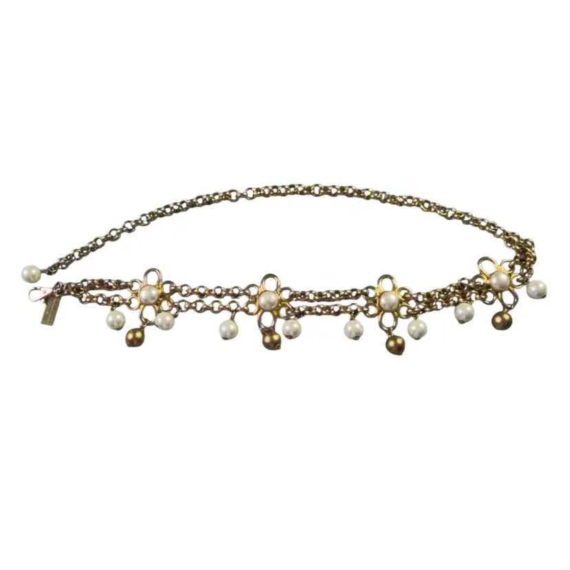 The Limited Gold Tone Metal Floral Chain Belt with Gold & White Faux Pearls 36” Long
