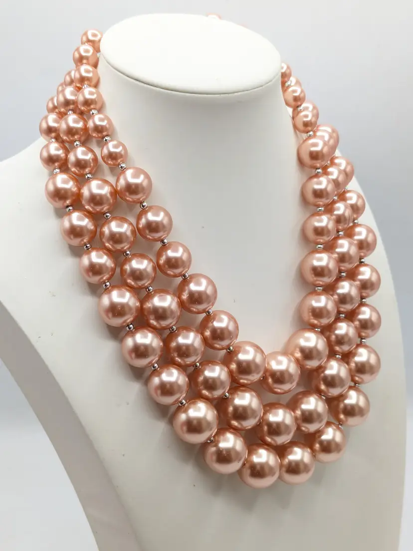 Silver Tone Pink Triple Strand Faux Pearl Necklace