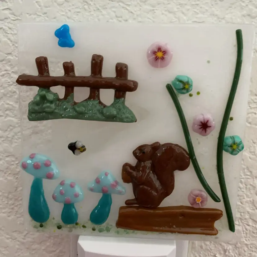 Made by Me! Fused Glass Nightlight Mushrooms & Squirrel Design 4” x 4” Studio Art Handmade