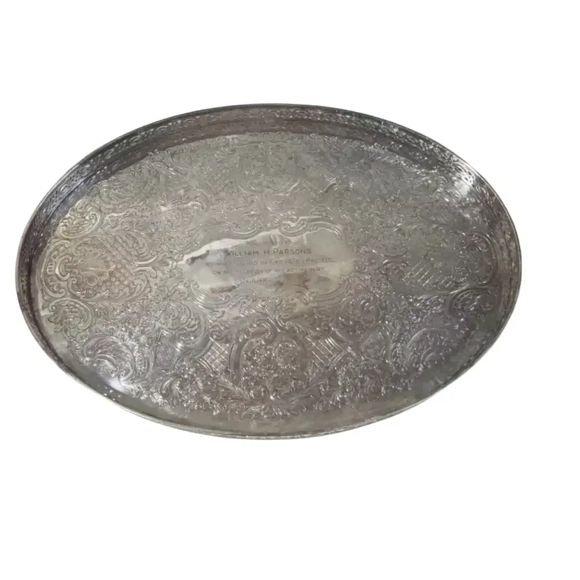 007. Vintage 1960s Silver Plated Over Copper Retirement Tray From Canadian Pacific Railroad 12.5” x 9”