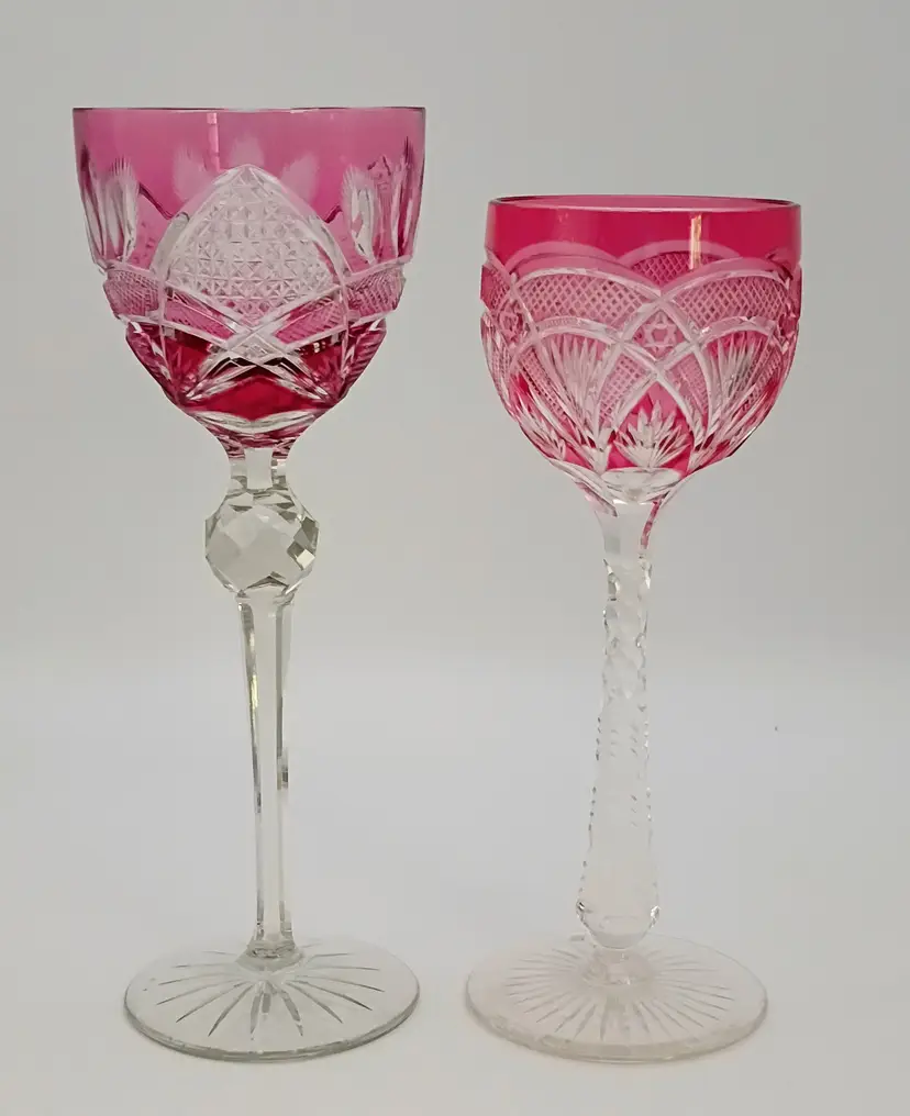 2 Bohemian Stem Wine Goblets ~ Cut to Clear Blush Crystal ~ Barware Glasses