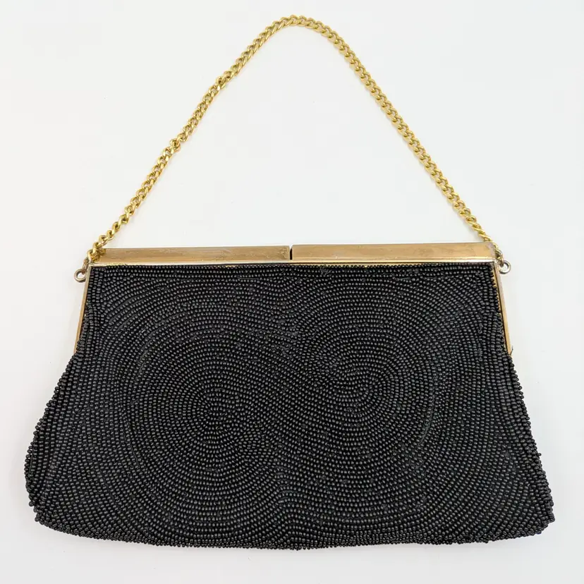Black Beaded Purse Mother of Pearl MOP Details