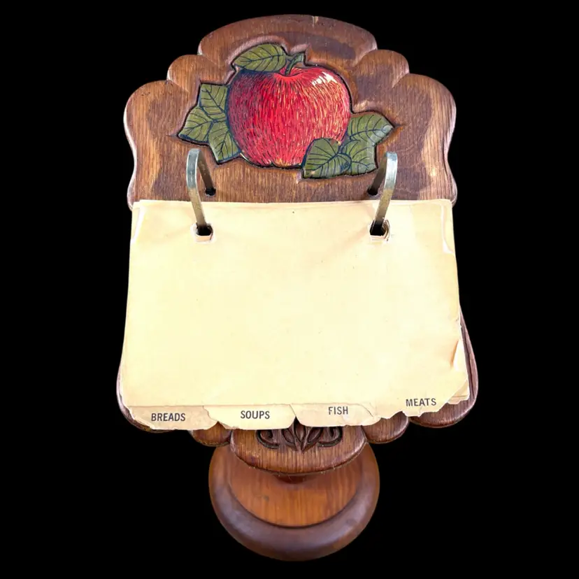 Wooden Recipe Card Stand Holder On Pedestal. Apple Design. Vintage Blank Cards. Farmhouse Decor.