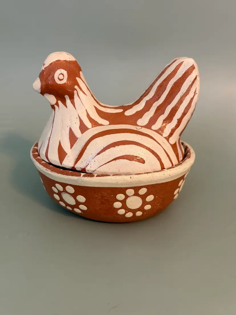Vintage Mexican Folk Art Hen on Nest 6” – Hand Painted Terracotta Pottery