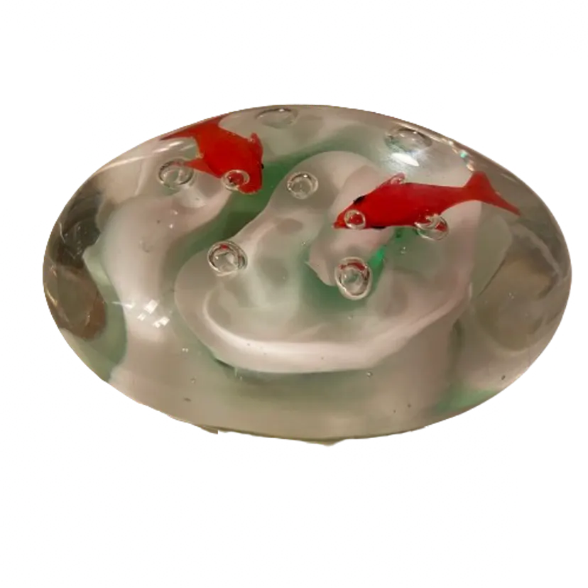 Vintage Art Glass Paperweight with Fish 3.5" Aquarium Style Coastal Grandmother