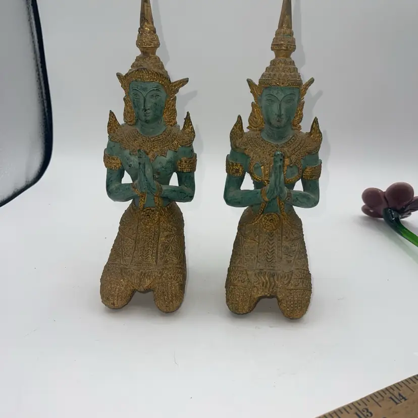 Tibetan Guardian Angel Theppanom  Pair Statues / Gold Gilt 9”- STUNNING