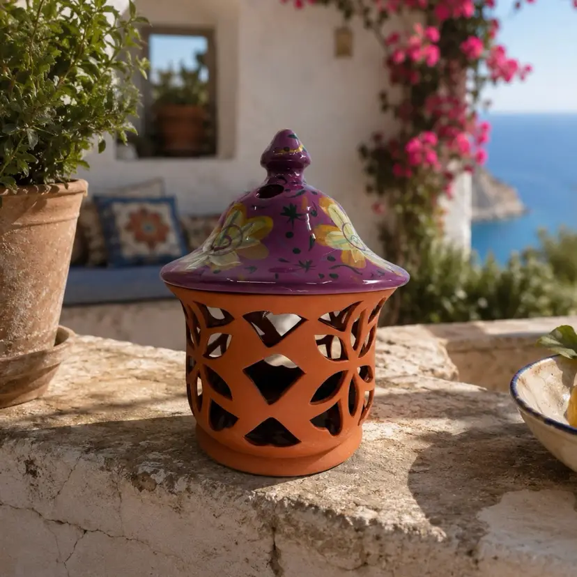 Terracotta Floral Glazed Purple Floral Top Incense Burner/Garden Lantern 7.5”