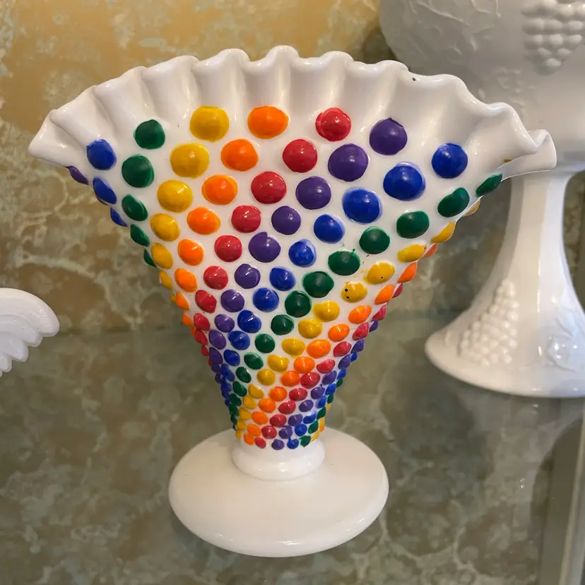 Vintage Rainbow Hobnail Milk Glass Ruffled Edge Fan Vase