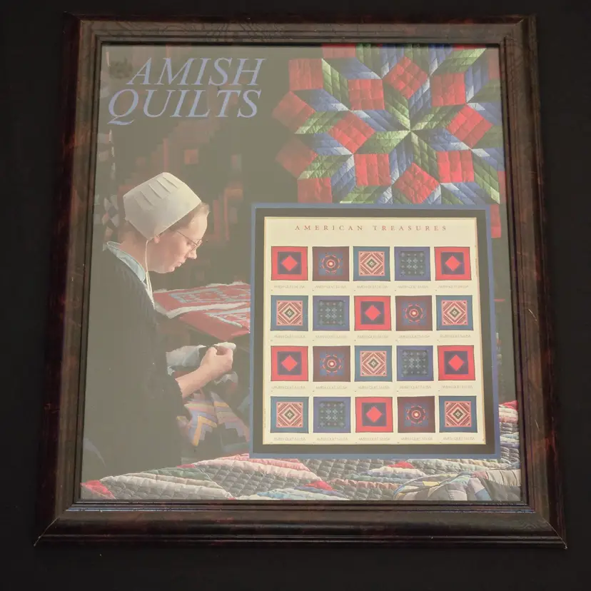 American Treasures Amish Quilts Stamps 19x15” Folk Art Framed USPS 2001 Vintage