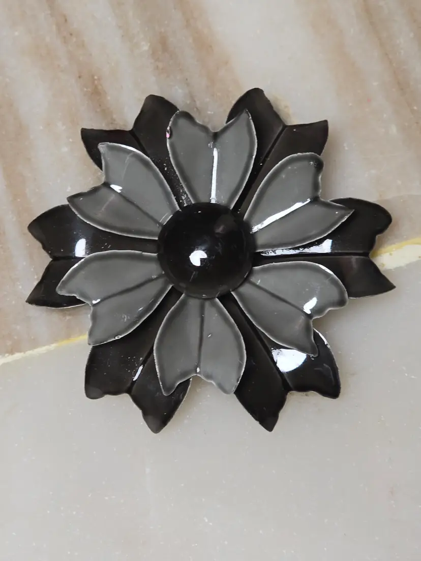 Vintage Black & Gray Enamel Flower Brooch
