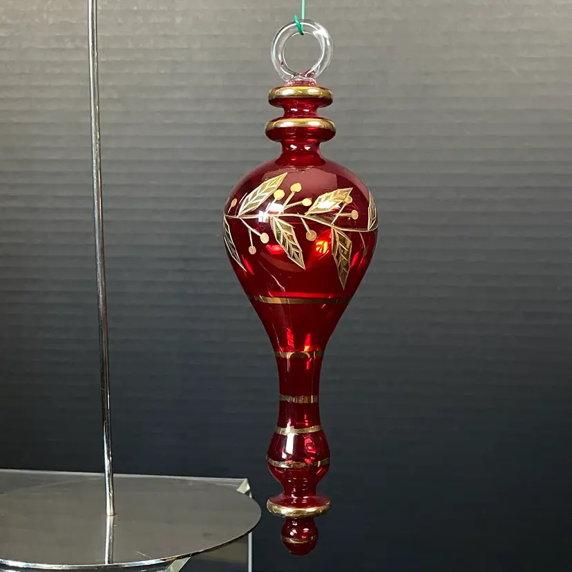 Ruby Red & Gold Vine Egyptian Mouth Blown Glass Christmas Ornament Vintage 7.25"