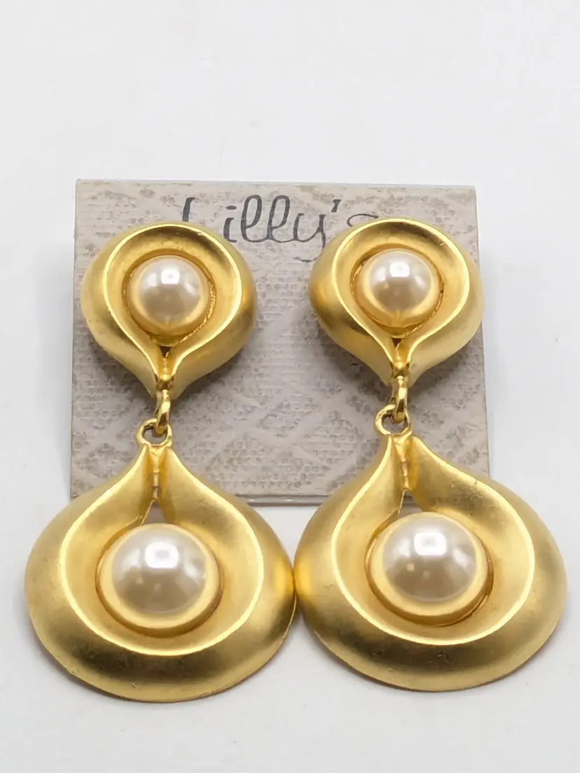 Vintage Lilly's Gold Tone Double Drop Pierced Earrings with Faux Pearls NOS