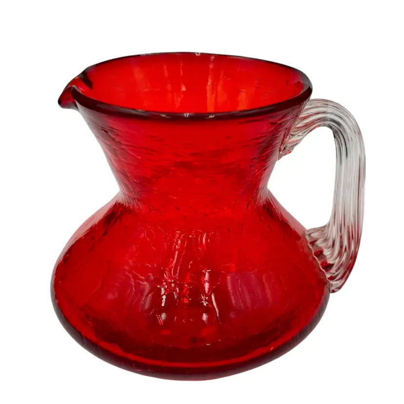 Vintage Pilgrim Glass Red Crackle Squat Pitcher, 3.5" 4", Applied Ribbed Handle