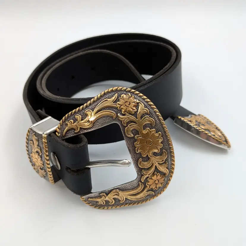 Western Gold Floral Engraved Buckle Black Leather Belt
