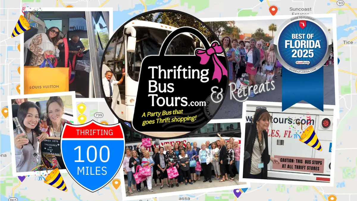 Happy thrifters on bus tour