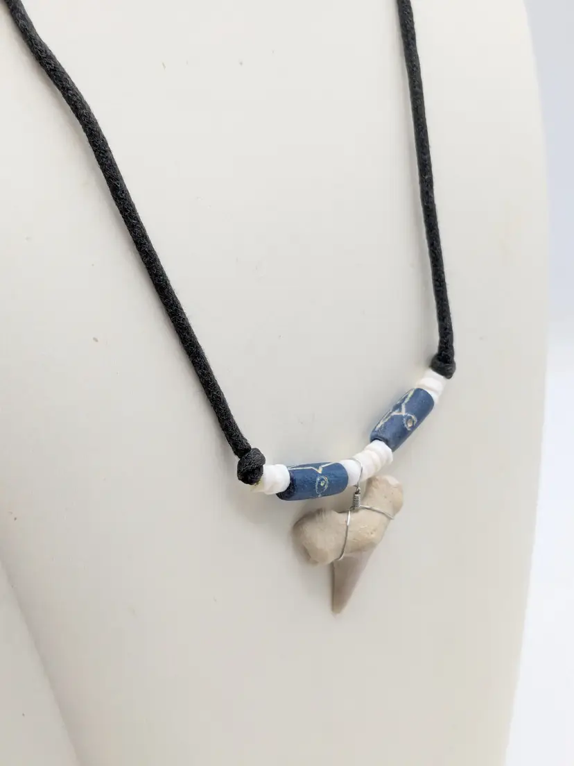 Shark Tooth Wire Wrap Black Cord Necklace Beachy Jewelry
