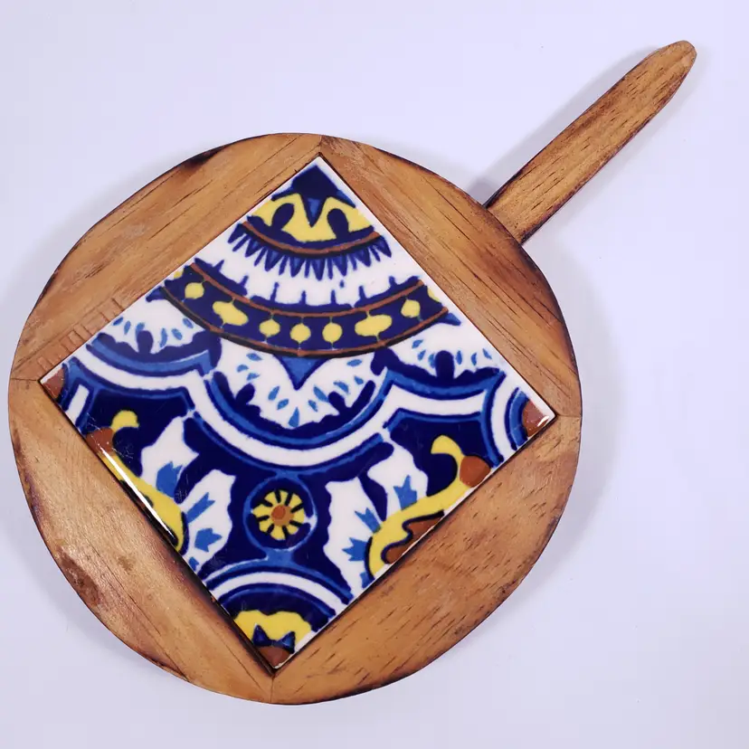 Vtg Mexican Folk Art Cobalt Floral Ceramic Tile Hand Crafted Wood Round TRIVET