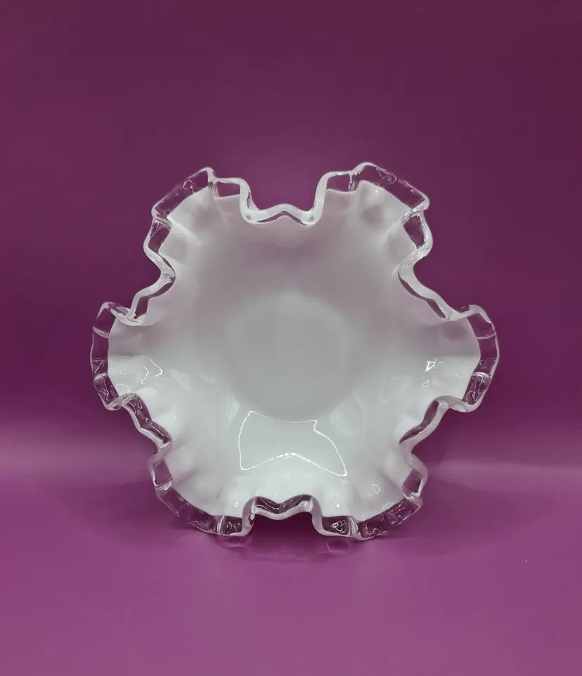 Vintage Fenton Silvercrest White Milk Glass Ruffled Dish 6"