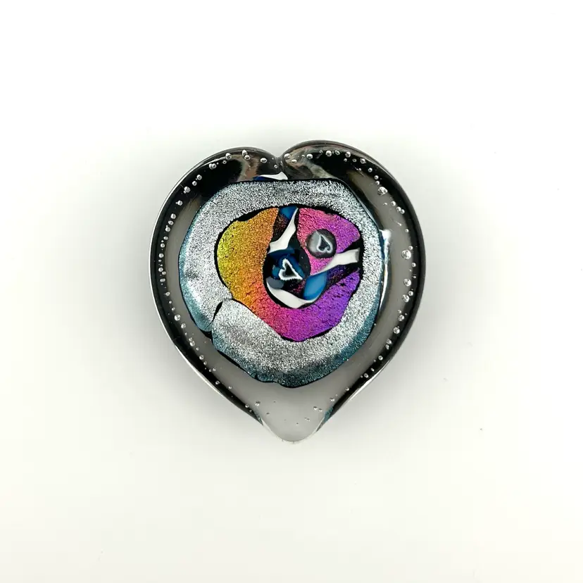 1999 Randy Strong Dichroic Glass Heart Paperweight 3”x 2.75”x 1”
