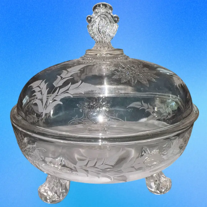Antique Early American Pattern Etched Grasshopper Pattern Covered Compote