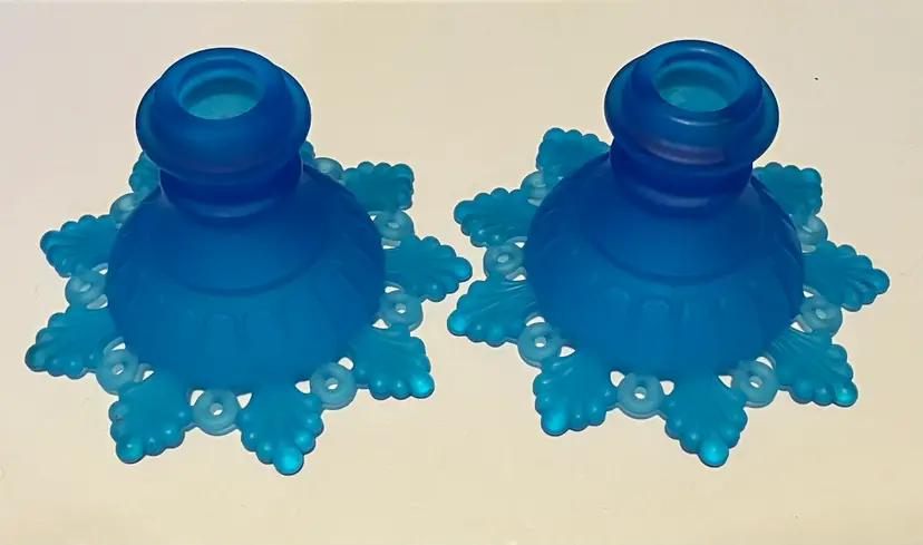 Set Of 2 Westmoreland Ring And Petal Blue Mist Satin Glass Candlesticks