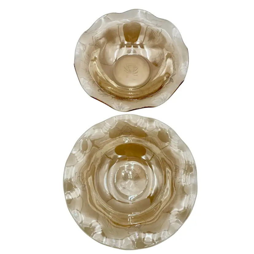 2 - Vintage Jeannette Glass Ruffled Serving Bowls, Floragold/Louisa, 9.5"