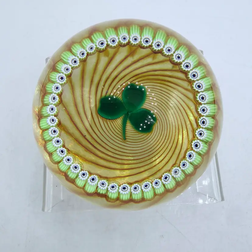 CAITHNESS Shamrock Clover Art Glass Paperweight Yellow Swirl Millefiori Vintage