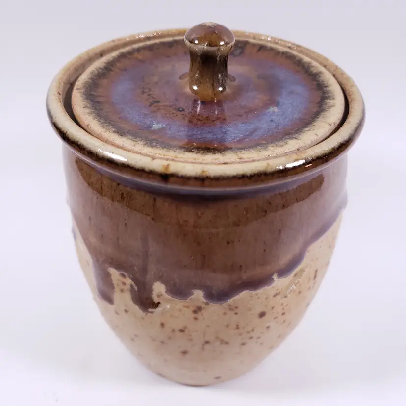 Vtg SIGNED Studio Textured Speckled Purple Brown Abstract Lidded STONEWARE JAR